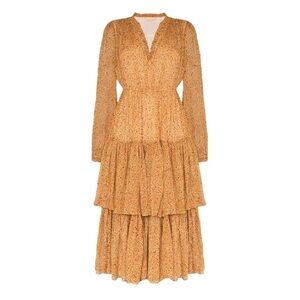 ByTimo- Orange Printed Long Sleeve Ruffle Midi Dress